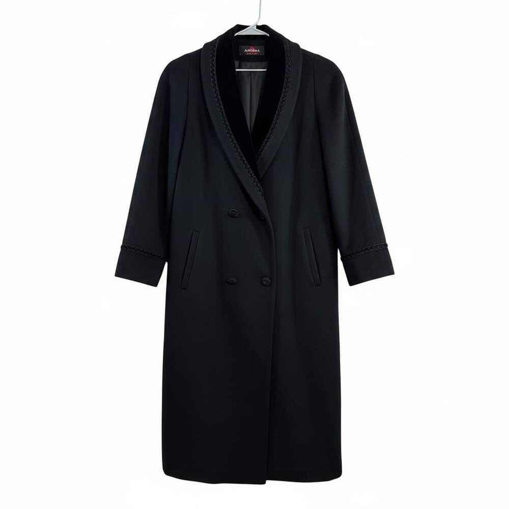 Vintage Alorna Black Super Fina Wool Blend Double Breasted Long Coat Velvet Trim